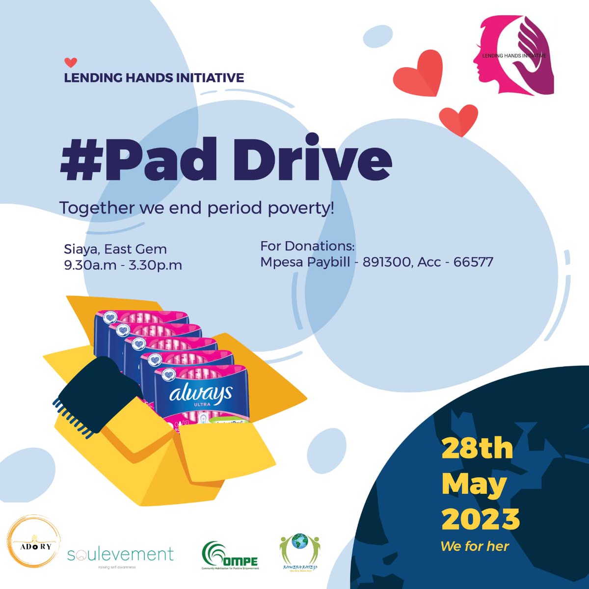 Donate sanitary towels,barsoap or panties you can also support in cash through the paybill on the poster
#comeletsmakemenstruationalfactoflifeby2030
<a href="/AfriCoMH/">African Coalition For MH</a> 
<a href="/hazelrobai/">hazelrobai</a> 
<a href="/gloria_orwoba/">Gloria Orwoba</a> 
<a href="/LVCTKe/">LVCT Health</a> 
<a href="/ObamaFoundation/">The Obama Foundation</a> 
<a href="/unwomenkenya/">UN Women Kenya</a> 
<a href="/ippf/">IPPF Global</a> 
<a href="/w4_gf/">Women4GlobalFund (W4GF)</a>