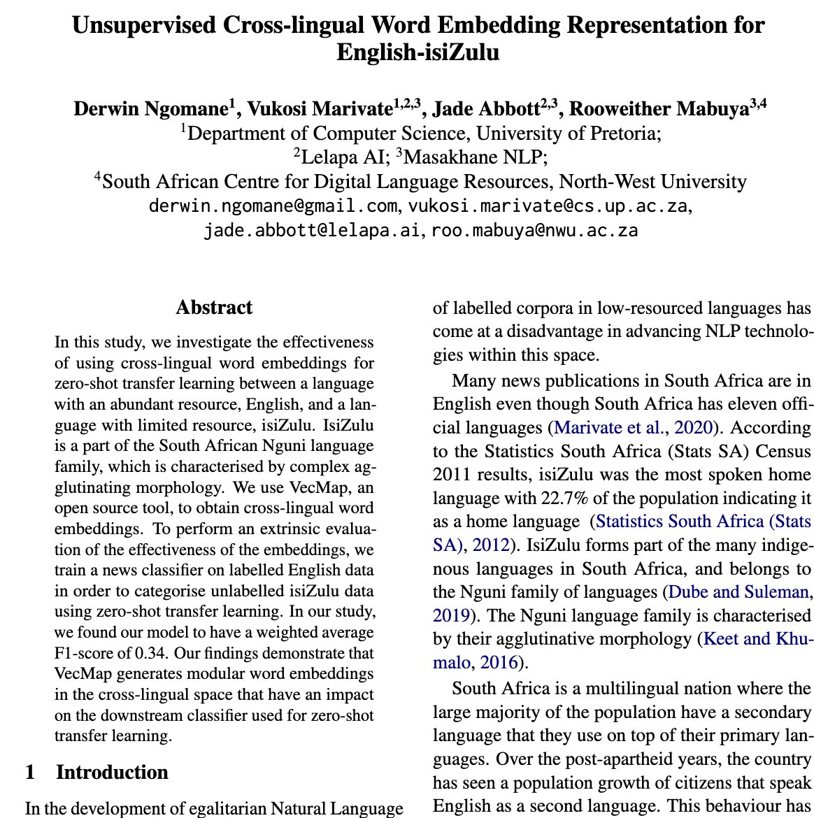 Data Science for Social Impact (@dsfsi_research) on Twitter photo Our first paper, presented by Rooweither Mabuya <a href="/RoowyM/">Rooweither Mabuya</a> at RAIL2023, "Unsupervised Cross-lingual Word Embedding Representation for English-isiZulu"
It will be available soon online. You can access the "Umsuka English - isiZulu Parallel Corpus" on Zenodo zenodo.org/record/5035171 Our first paper, presented by Rooweither Mabuya <a href="/RoowyM/">Rooweither Mabuya</a> at RAIL2023, "Unsupervised Cross-lingual Word Embedding Representation for English-isiZulu"
It will be available soon online. You can access the "Umsuka English - isiZulu Parallel Corpus" on Zenodo zenodo.org/record/5035171
