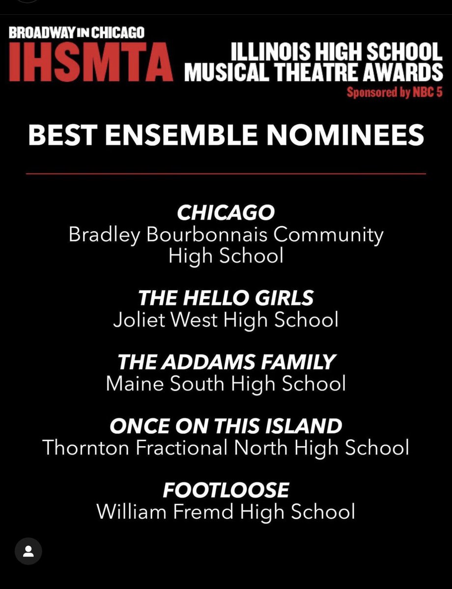 RucinskiBrian's tweet photo. Wow! Three nominations from North for the Illinois High School Musical Theatre Awards! Huge Congratulations to Ms. May, JT, and the entire Ensemble for this incredible recognition!!  #TFNPride https://t.co/rTlhHvzPWb