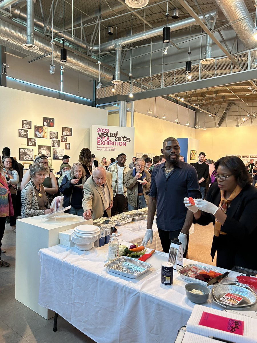 Great turnout for the <a href="/sage_edu/">Russell Sage College</a> #BFA2023 show last night with outstanding work from students in Graphic+Media Design, Interior + Spatial Design, &amp; Art+Extended Media—including a cooking performance! Congrats, all!
It’s all up through June 9. Hours: Tue-Fri 12pm to 5pm!