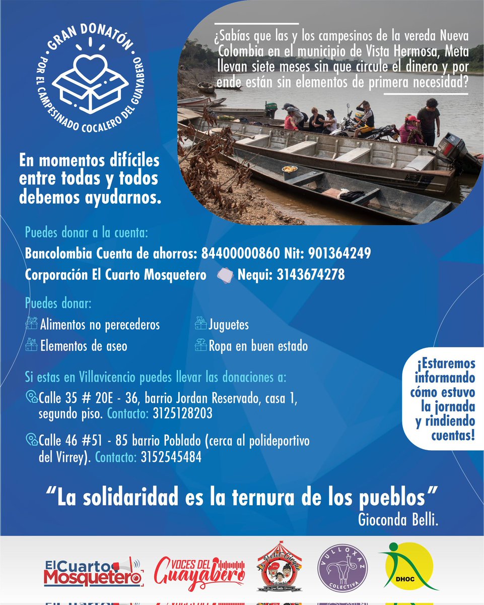 Mosqueteromedio's tweet photo. Hoy, más que nunca, los campesinos del Guayabero necesitan nuestra solidaridad y apoyo. Únete a la Gran Donatón. 

Conoce toda la información para unirte con un donativo 👇

#PorUnaComunicaciónTransformadora #DonatónPorElGuayabero
#Meta https://t.co/maexiETzIe