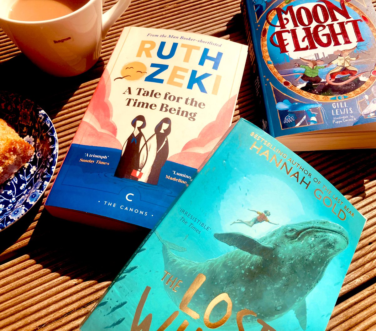 @five_books Sunny in #Pembrokeshire so we’ve been reading in the garden, at the harbour & now at the park. I’m finishing my #BookClub read from @ozekiland #ATaleForTheTimeBeing. Son & I are also reading @HGold_author #TheLostWhale & my daughter wanted me to finish @gill__lewis #MoonFlight 📚