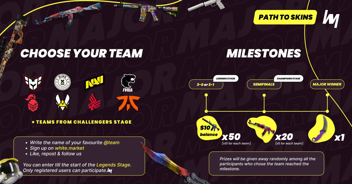 whitemarketcsgo's tweet image. 🤩 Major Time — Major Giveaway!

Take your chance to win one or more of the 71 prizes! How to enter?

➡️ Write ONE team you think will be the most successful at the #ParisMajor
💛 Like, retweet &amp;amp; follow us
✅ Sign up on white.market