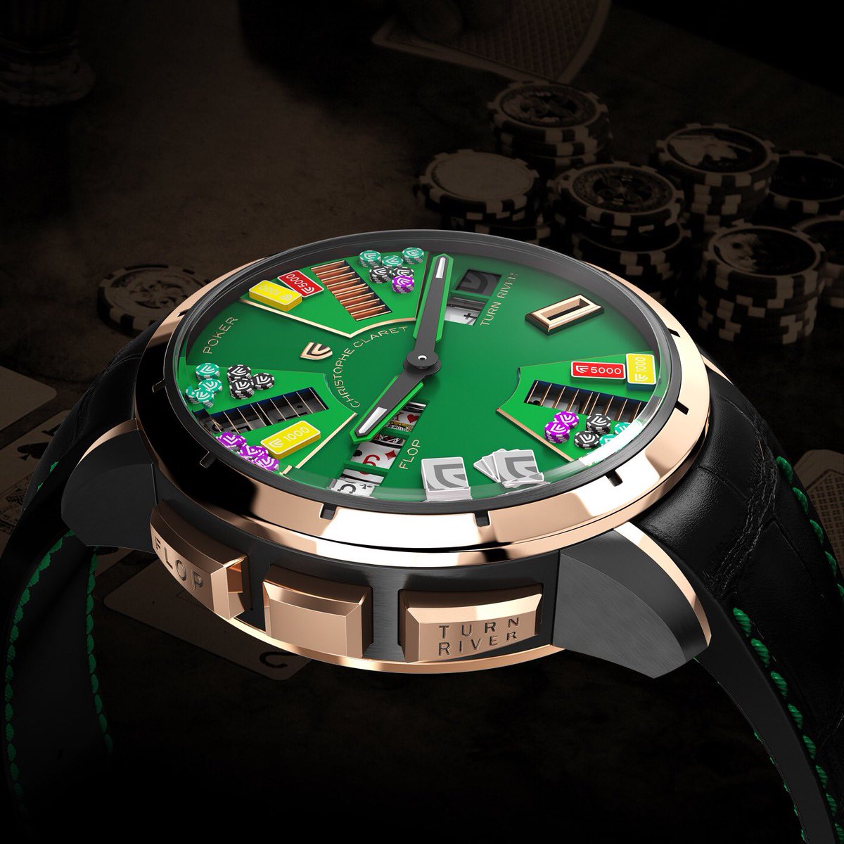Green #Poker,
Is it possible to reproduce the random Texas Holden #games in a #watch?  
To arrive at nearly 100 thousand possibilities of games it was necessary, starting from a white page, to invent and create almost 700 components for the watch.