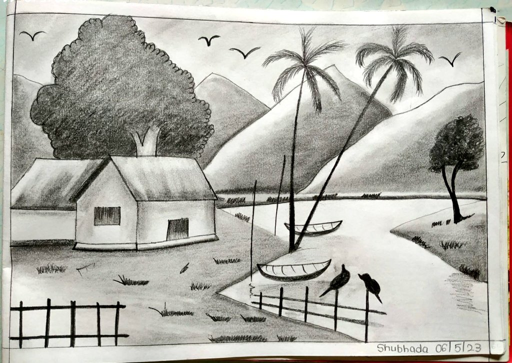 easy natural scenery drawing | village drawing with pencil for beginners -  YouTube