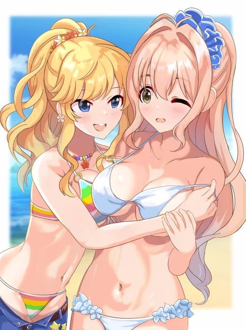 skebで描かせていただきました。 唯ちゃん誕生日おめでとう。  「アイドルマスターシンデレラガールズの琴歌お嬢様&大槻唯ちゃんが水着姿でくっついてるイラストをお願いします   #Skeb #Commission より