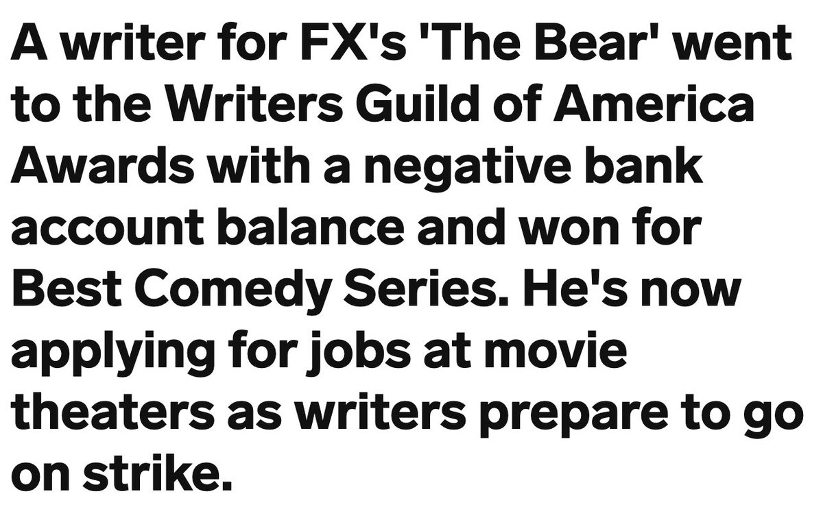 Hollywood execs took home millions in salaries last year while first time staff writer  Alex O'Keefe worked on #TheBear, one of the BIGGEST shows of the past year and is now looking for a part time job bc the pay across the NINE WEEK mini room was so low #WritersStrike2023