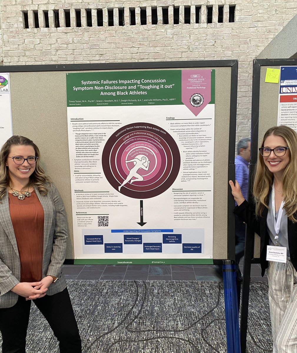 TheWrightTime_a's tweet photo. Incredibly proud to present this poster on the systemic factors impacting concussion symptom non-disclosure among Black Athletes at the @SportsNeuroSoc  Symposium with my co-author @gracejgoodwin ! (Shout out to our other co-author @DeeRichENT1 !!) https://t.co/dswWLeZjBj