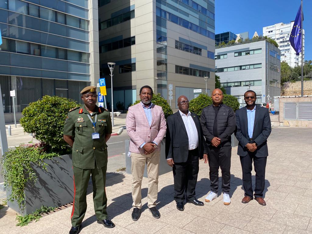 Solicitor General,(SG) Marshal Muchende, SC and Col. Amos Chitembwe (in black civilian dress code) - Director Legal Zambia Air Force (ZAF), safely arrive in Tel Aviv, Israel and well received by Zambia's Ambassador to Israel, H.E Mr. Martin Mwanambale and his team.