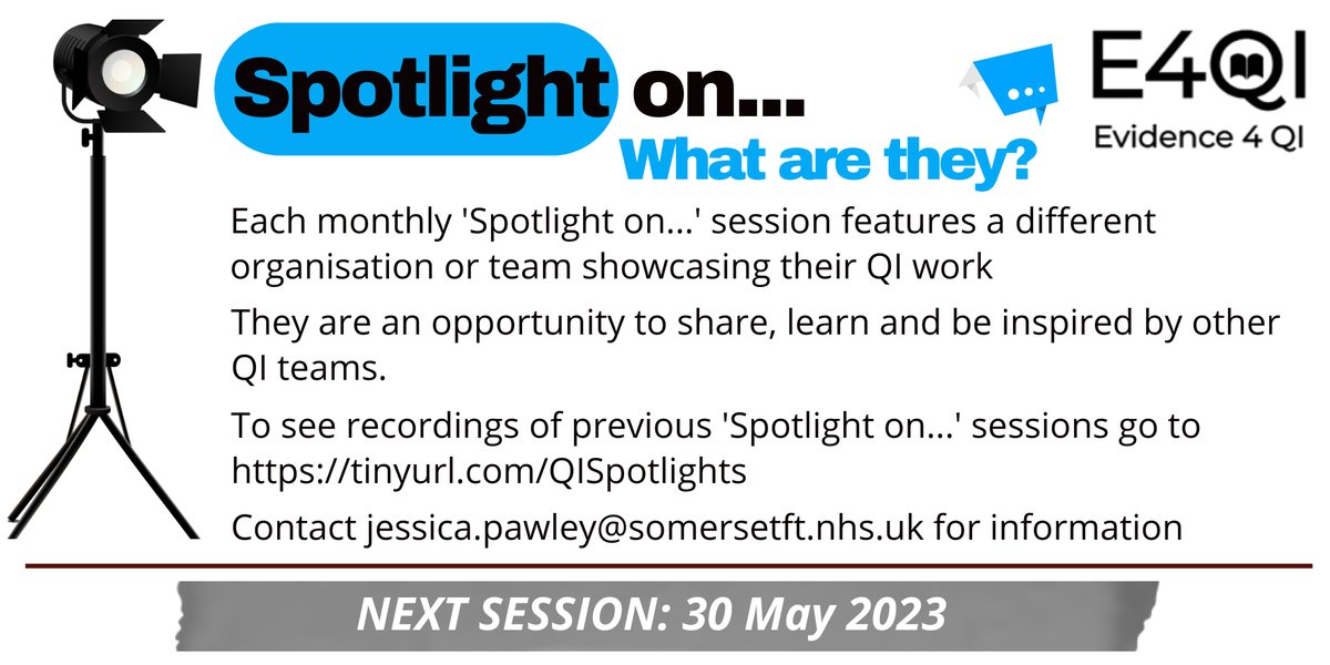 📣 Calling all QI teams! 🌟 @Evidence4QI is seeking QI teams to share their QI story & learning on the national stage as part of the Spotlight series 🔦 We want to hear from YOU! DM me or email andrea.gibbons@somersetft.nhs.uk 🙌 @FabNHSStuff @theQCommunity @HorizonsNHS