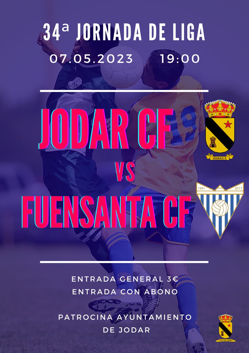 Porque es una FINAL, porque más que nunca os necesitamos, porque es la última jornada de liga y porque este equipo se merece una victoria más .
JODAR CF—FUENSANTA CF.
Que nadie te lo cuente, los rojos necesitan el aliento de la afición.
