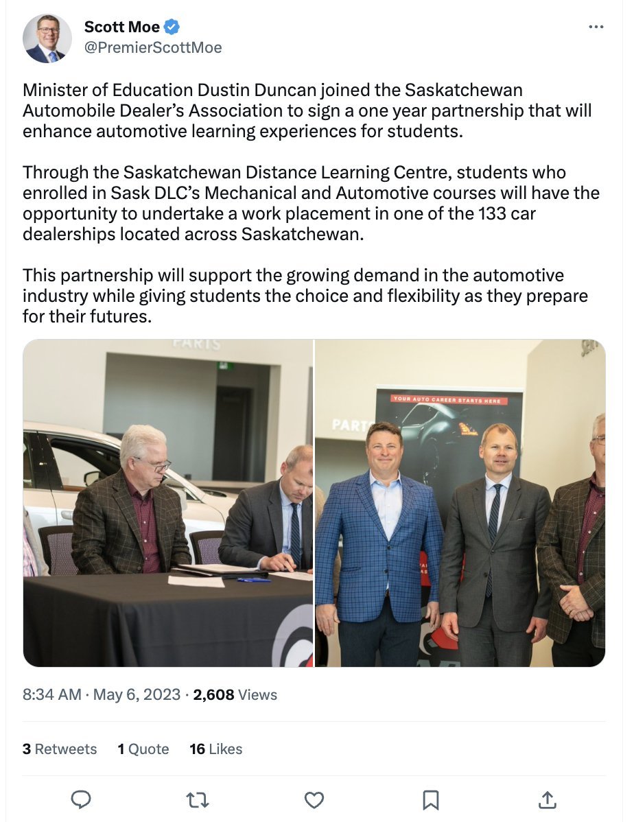 Universities &amp; public elementary schools are falling apart meanwhile Scott Moe is handing education money to car dealerships. It's just sleaze all the way down in Saskatchewan.