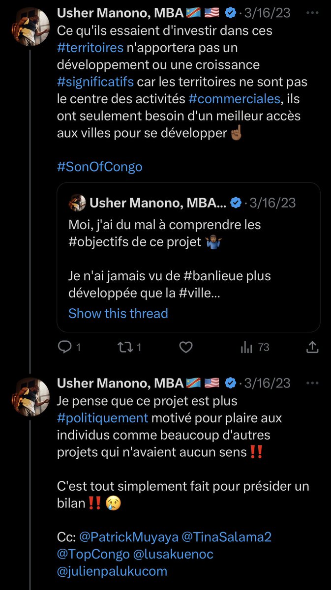 U__S__H__E__R's tweet photo. Je l'ai déjà dit‼️🤷🏾♂️
Tout projet de développement en #RDC ne fonctionnera pas tant que nous n'aurons pas résolu la question de la #logistique‼️☝🏾
Dans la gestion de projet, le contrôle des #coûts (#OperationalCost #ProductionCosts etc. ) est l'aspect le plus important d’un project‼️
Lorsque le projet s'écarte de ce que le plan de mise en œuvre (#ImplementationPlan) avait prévu, ce n'est pas une mauvaise idée d'#arrêter le projet pour #réévaluation‼️
☝🏾👦🏾
Ce serait un gaspillage d'argent de #tenter de continuer à avancer avec le projet #PDR145 dans sa configuration actuelle car il y aurait autant de #gaspillage financier que de retour en #valeur #ROI pour les habitants de ces zones‼️
Cet argent aurait pu mieux les servir s'il avait été utilisé pour les relier aux grandes villes, ce qui permettrait à ces territoires de construire une économie plus forte et de financer leurs propres infrastructures telles que des #écoles, des #hôpitaux, etc sans l’appui de #Kinshasa‼️☝🏾
Le #PDR145 est conçu pour apporter un soulagement #temporaire à un coût #énorme, au lieu de construire une économie #efficacement‼️
Pour que ce projet réussisse, la phase #initiale avant le début des travaux devrait consister à relier les #villes et les #territoires par voie #aérienne, #maritime, #routière ou #ferroviaire
C'est un #prérequis‼️☝🏾👦🏾
Aucun travail ne devrait avoir été effectué dans aucun territoire jusqu'à ce que la phase initiale soit terminée‼️
Cc: @LukondeSama @nskazadi @fpirdc @FECRDC @VitalKamerhe1 @GuyLoando_ @molendosakombi @PatrickMuyaya @TinaSalama2 @Presidence_RDC @julienpalukucom
#SonOfCongo