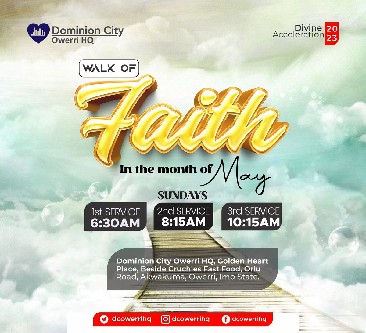 dcowerrihq's tweet photo. Join us for an awesome time in God's Presence tomorrow in any of our 3 services:

🔹First Service: 6:30am
🔹 Second Service: 8:15am
🔹Third Service: 10: 15am

🌏 At Dominion City Owerri HQ Akwakuma, beside Crunchies fast food, Orlu Road, Owerri.

| Plan to attend | Share | Invite https://t.co/hAS2pCb0Gk