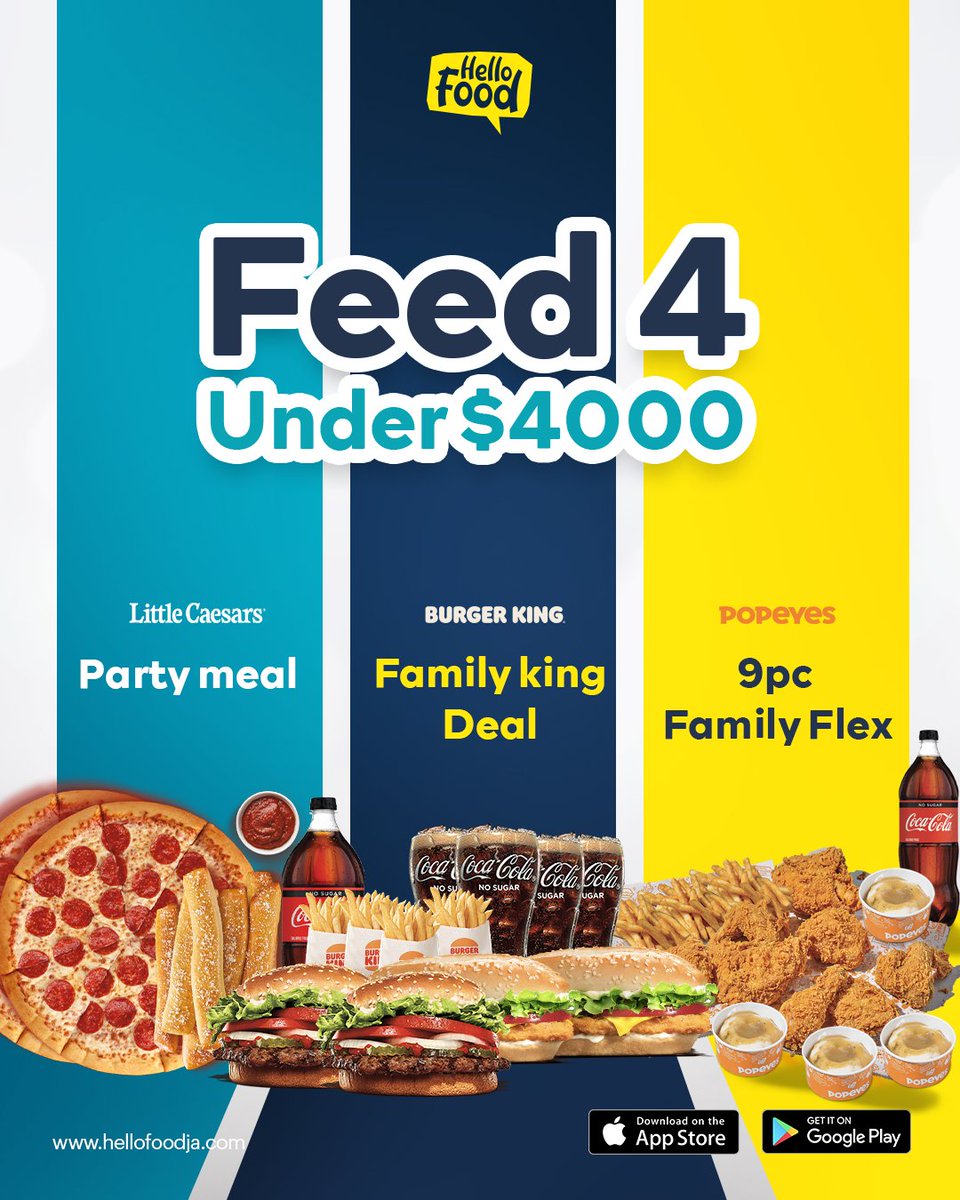 hellofoodja's tweet photo. You can feed a group of 4 people for under $4000!
Get the Little Caesars Party Meal for $3,400.
Burger King’s Family King Deals serves 4 for only $3,450.
Popeyes 9pc Family Flex goes for $3,600.
#HelloFood #HelloFoodJa https://t.co/OarZMu6MZ7