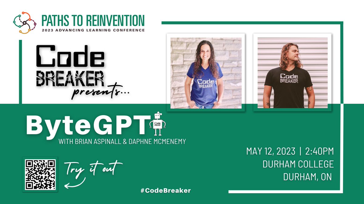 Are you headed to @advlearn this week?

Be sure to check out @mraspinall and @McMenemyTweets at their  interactive session on AI in education.

🔗 chat.codebreakeredu.com

#CodeBreaker 🦾
#discoveryourpath
#advlearn2023