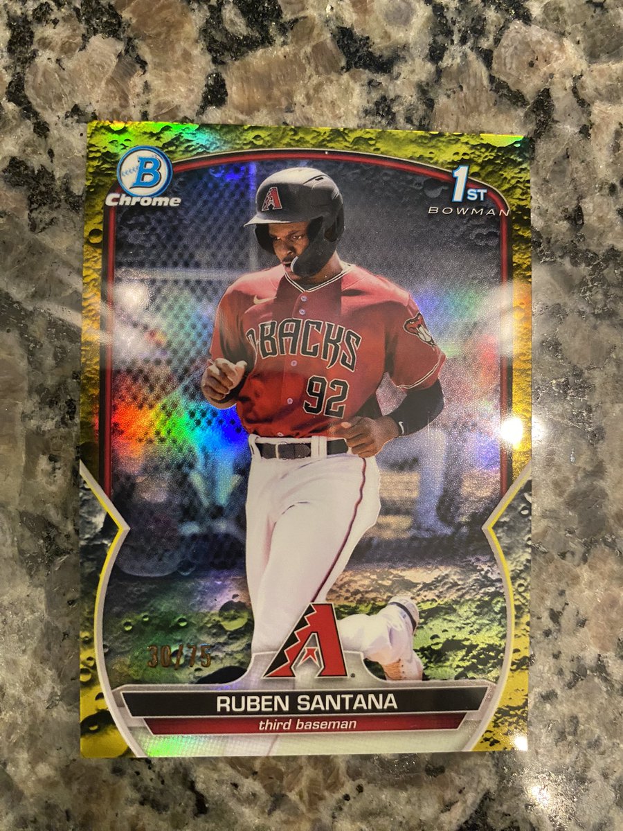 TheClintEvans's tweet photo. @CardPurchaser my 5 y/o son and I are brand new to collecting. We pulled this from a pack of 2023 Bowman that was numbered 30/75. Can you confirm if this is the yellow lunar refractor and are these cards valuable even if the prospect doesn’t pan out? https://t.co/3uzpW4CtGX
