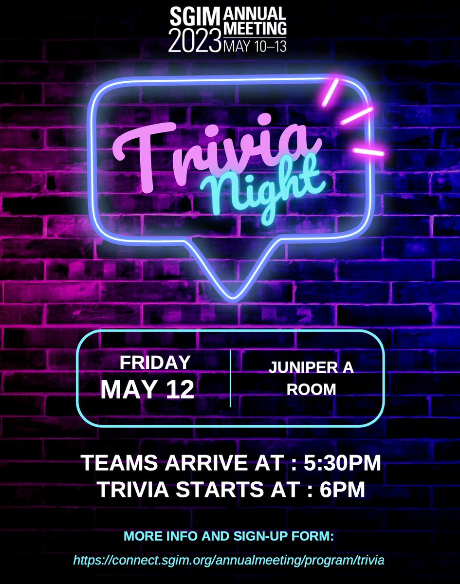 So pumped for #SGIM23! Looking for a great way to network, catch up with friends, or kick off a fun Friday night? Look no further than SGIM Trivia! Sign up as a team of 5 or a free agent and get matched with a team! @SocietyGIM