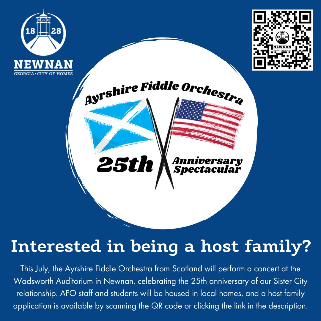 This July, AFO staff and students will be housed in local homes, and a host family application is available by scanning the QR code or clicking here: newnanga.gov/515/Applicatio…