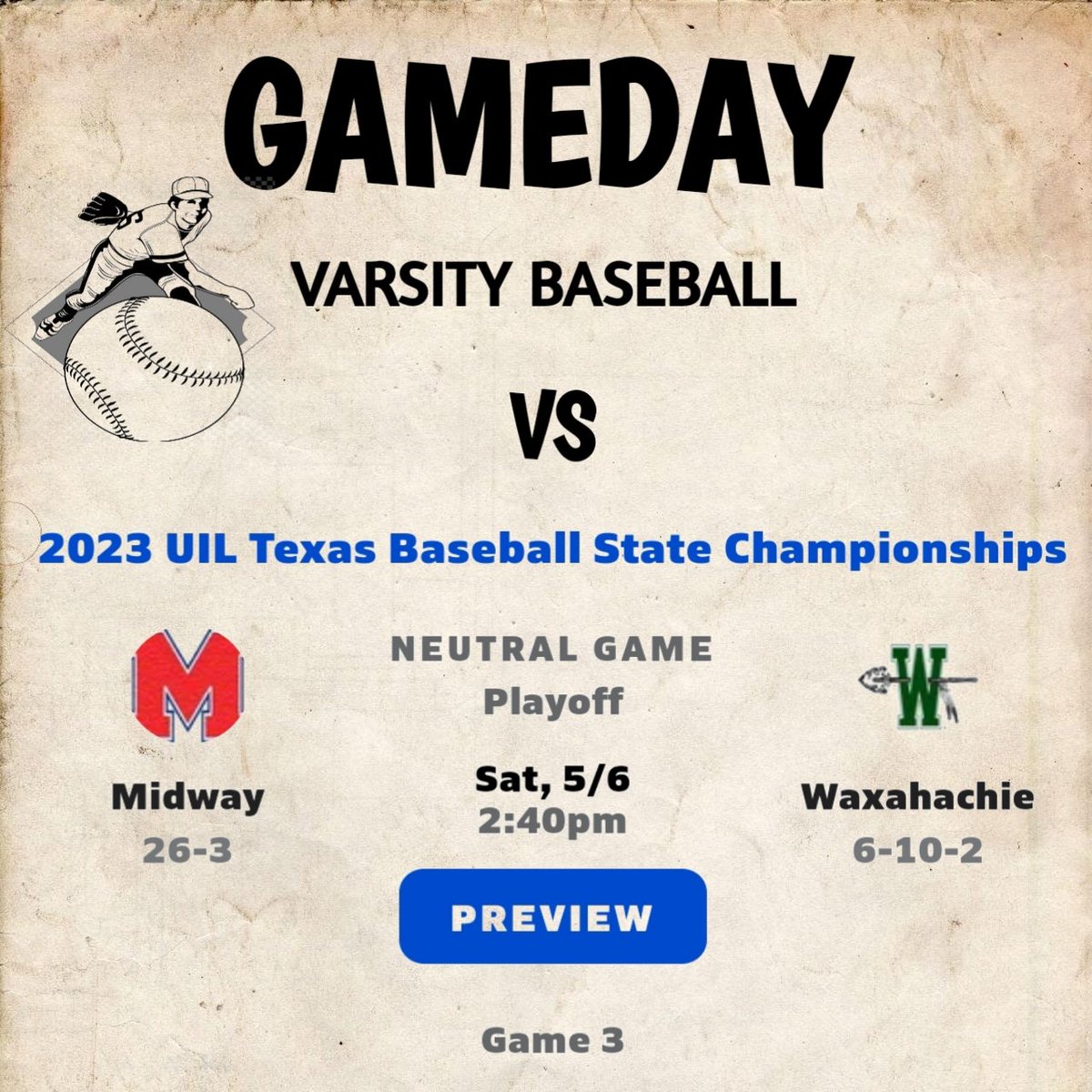 Gameday HS Baseball 
@MidwayPanthers @MidwayBsball @CoachPresident
 @CameronJ3133 @andrewfossum2 @LawsonLeevi @D1mike9 @hachiesports @WaxahachieISD @HachieBall1909 @RBI_Club @WaxahachieHS @CoachMiller2714 @HachieSportsMed 
Watch Live  ⬇️
📺  bit.ly/3JS3twx