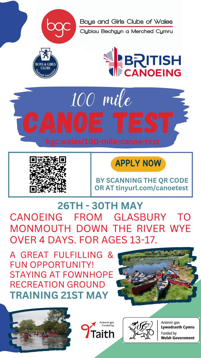 The Glasbury-Monmouth 100 Mile Canoe Test 2023 is a fun &amp; fulfilling opportunity open for applications at tinyurl.com/canoetest (ages 13-17) - get in touch or see bgc.wales/100-mile-canoe… for more info! 26-30 May, Fownhope Recreation Ground, River Wye