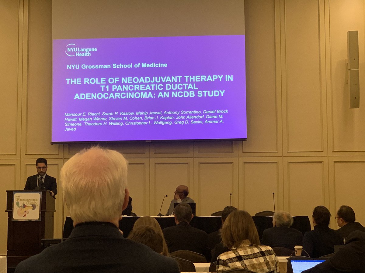 ammar_asrar's tweet photo. Proud of our #HPB @nyulangone postdoc @RiachiMansour for a great talk and poster on the use of neoadjuvant therapy in T1 #PancreaticCancer and in the elderly at the @PancreasClub https://t.co/XxKjNrEUOY