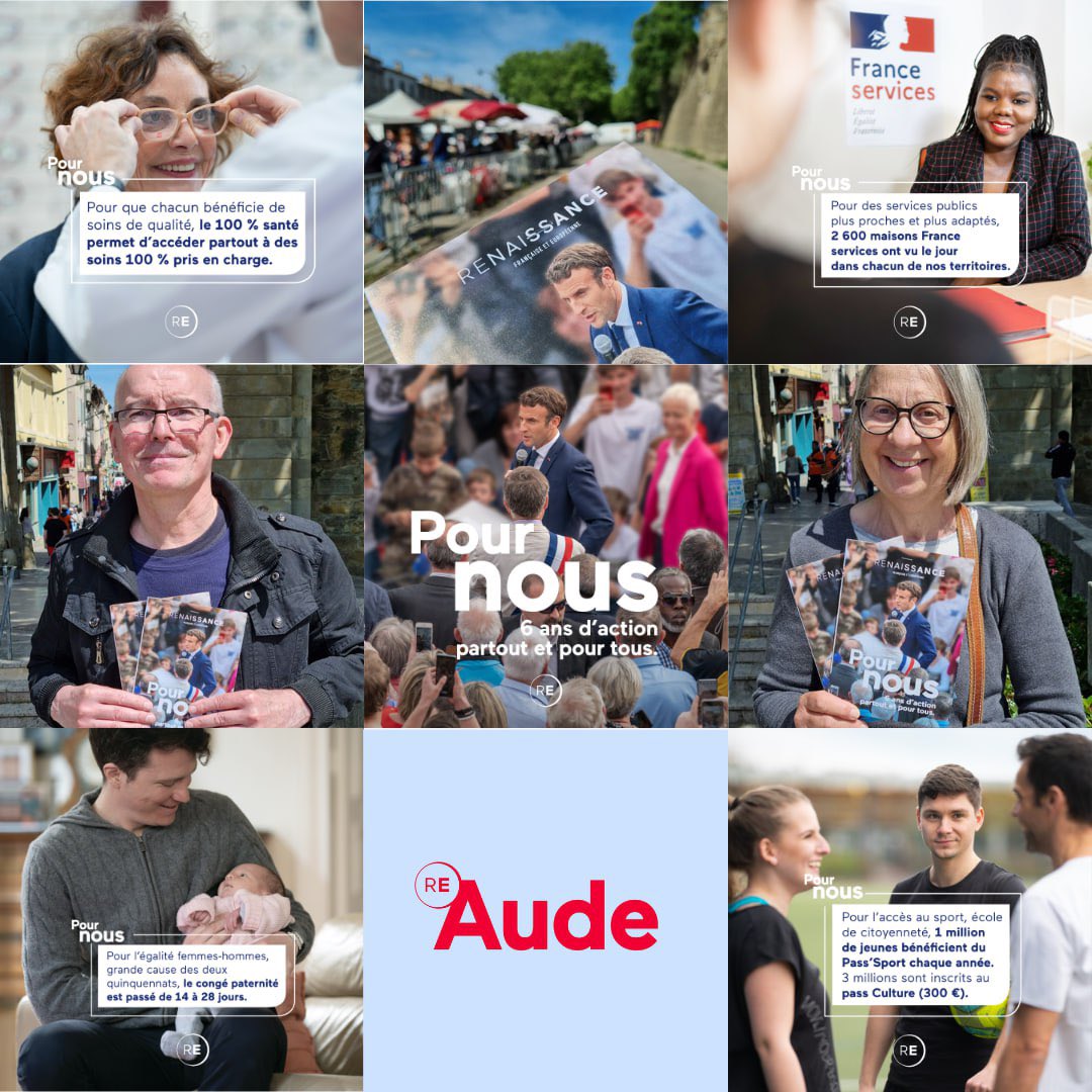 « Six années d’engagements tenus et d’action pour améliorer,partout, le quotidien de #NousTous le plein emploi, une croissance plus verte, des services publics plus forts,une Nation plus juste et plus indépendante. » #PourNous #Renaissance #EmmanuelMacron #Aude #StephaneSejourne