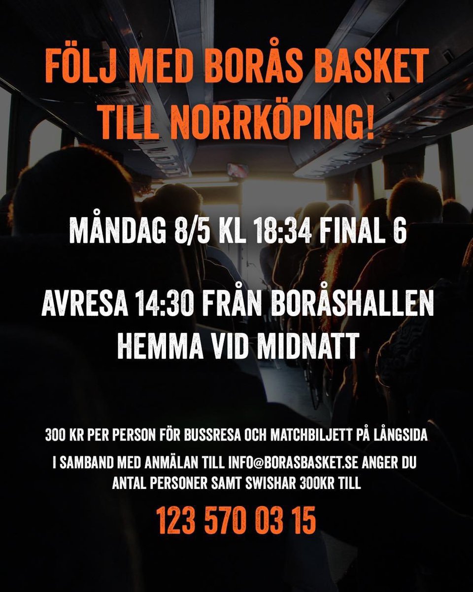 HÄNG MED TILL NORRKÖPING 🔥

Avresa kl 14.30 från Boråshallen med stor buss. Hemma igen vid midnatt. I resan ingår matchbiljett precis bakom Borås Baskets bänk.300:-/person för bussresa och matchbiljett.

Frågor om resan tag kontakt med Håkan Andersson 0705-334299.
