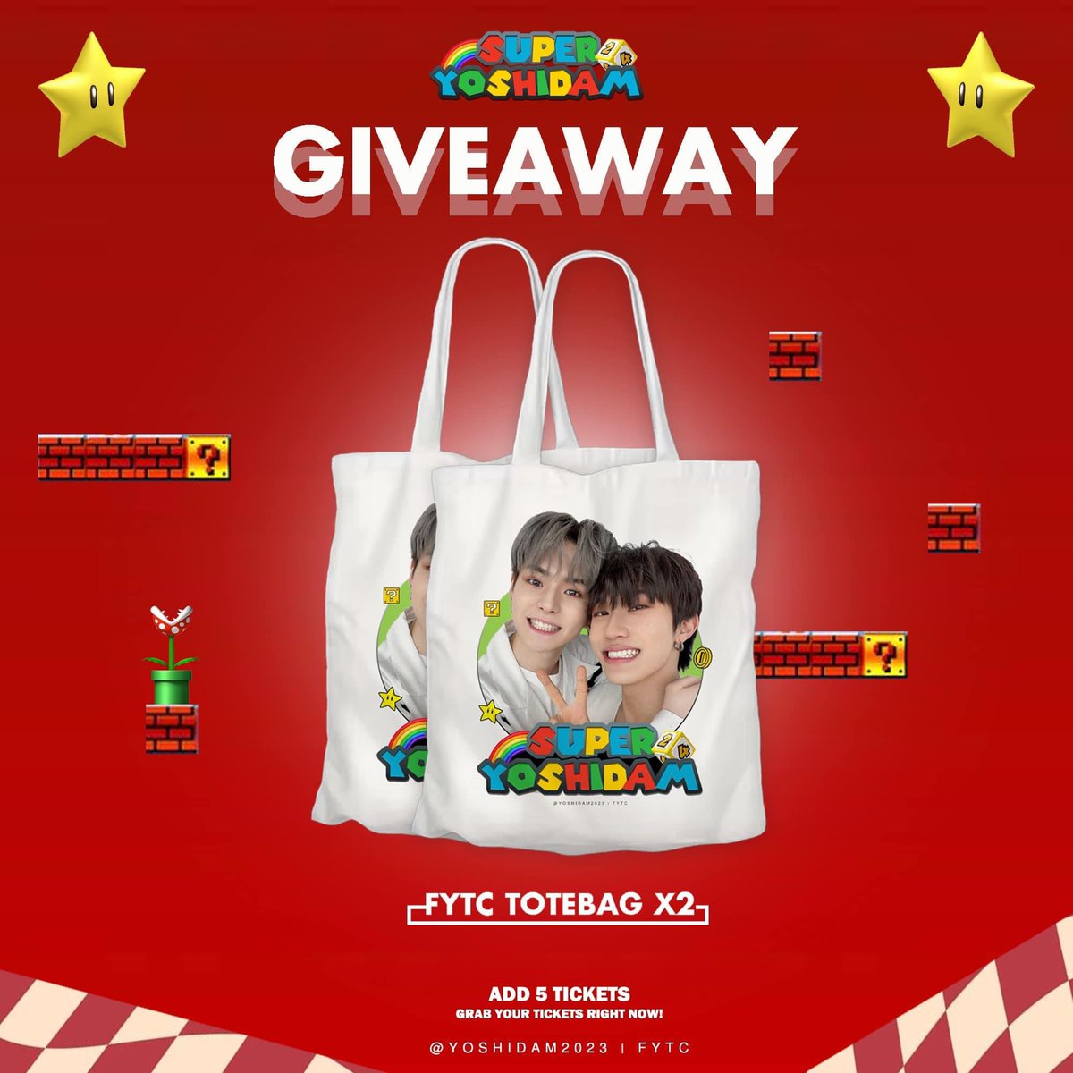 FYTREASURECAM's tweet photo. 🍄🏎️ 𝙎𝙪𝙥𝙚𝙧 𝙔𝙊𝙎𝙃𝙄𝘿𝘼𝙈 | GIVEAWAY🏎️🍄 

FYTC Super YoshiDam Totebag x3 

- - - - - - - - - - - - - - - - - - - - 
ADD 5 TICKETS!!!!
Dm us now to grab your tickets~ 

#superyoshidam https://t.co/VbKZoyRmyP