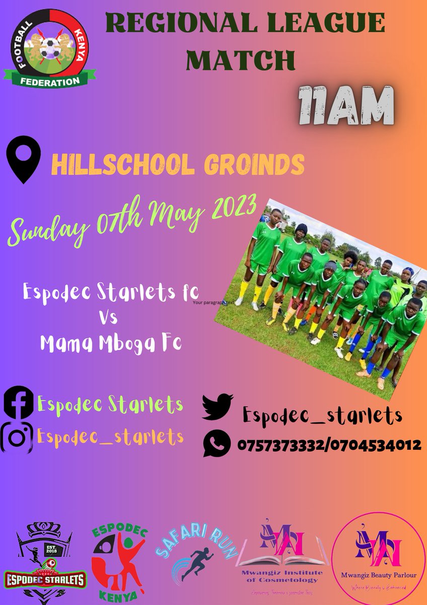 EspodecKenya's tweet photo. Watch the Starlets shine ⭐🌟
🏆FKF Upper Rift Women Regional League
🆚️ Mama Mboga Fc
📆 Sunday, 06th May, 2023
🕑 11:00 am
🏟 Hillschool Grounds
#gloryhunters  #letthegirlsalsoplay
#espodecstarlets #espodeckenya #teamespodec https://t.co/gCVaWV3HA0
