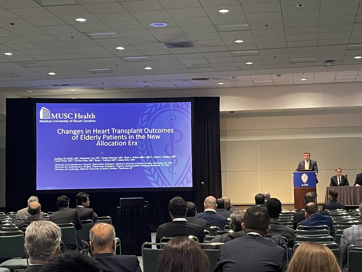 MorganHillMD's tweet photo. Dr. Zach Sollie representing @ct_musc and kicking off #AATS2023 with his presentation on heart transplant outcomes in septuagenarians in the new allocation era https://t.co/YBaEPzxSjf