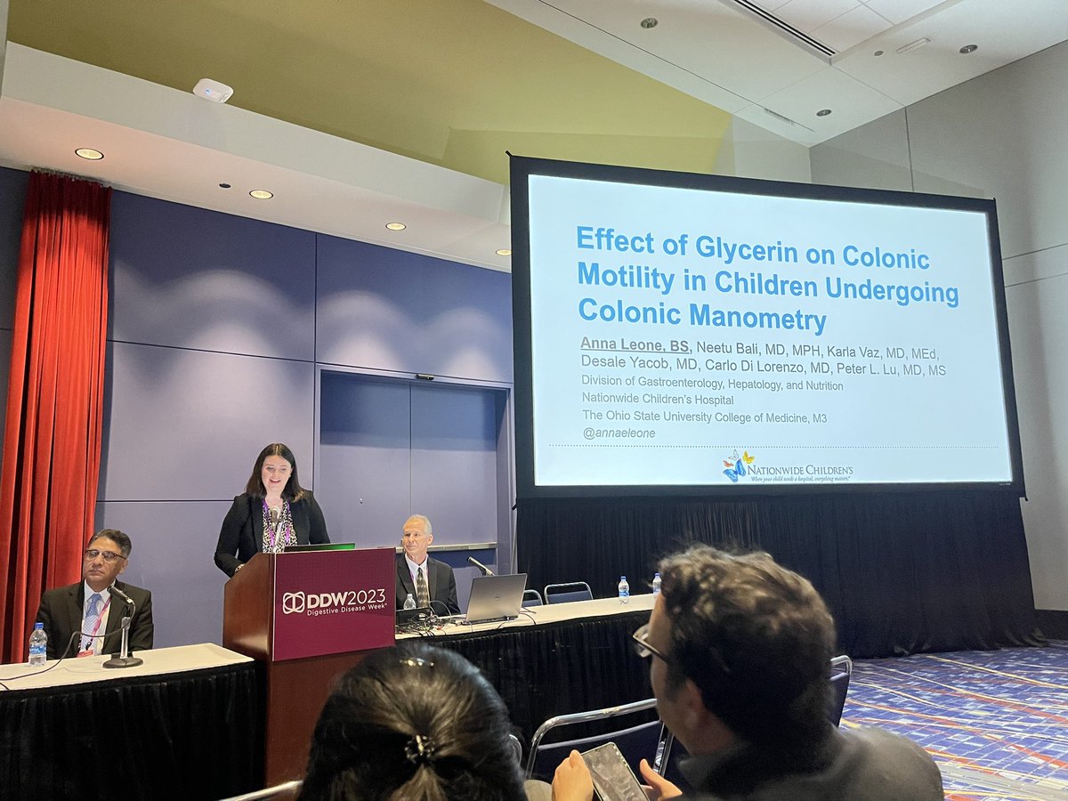 PLLU's tweet photo. Our @PedsMotility team is so proud of @AnnaELeone for her masterful #DDW2023 presentation on the utility of glycerin during colonic manometry!

I think our @OhioStateMed M3 just outshone @CarloDiLorenzo1 &amp; @SapsMiguel who spoke before her… 👀

@deslilo @NeeterzB @RSanchez490MD https://t.co/HpA2JJ59kQ
