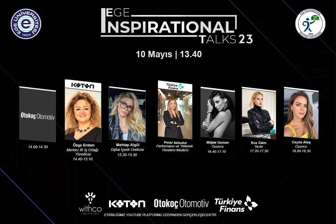 egeisletme's tweet photo. 🖋️Farklı sektörlerden kariyer yolculuklarında başarıyla ilerlemiş olan 7 konuğumuz, sizlerin kariyer yolculuğuna ışık tutmaya geliyor!
💻Ege Inspirational Talks, 10 Mayısta saat 13.40’da başlayacak.
📲 Katılım linki: https://t.co/ESR7chqPVZ
#egeisletme #egeinspirationaltalks https://t.co/XIfAqXuGVS