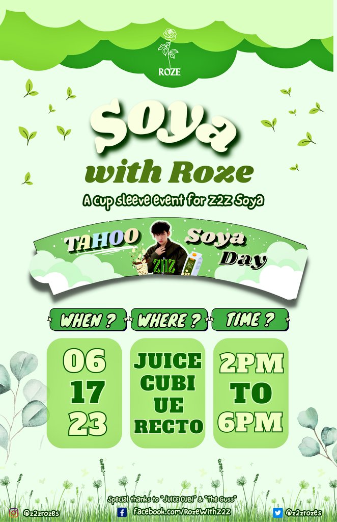 z2zrozes's tweet photo. "Soya with Roze : Happy Soya Day (Z2Z)" 

🗓️ Saturday, June 17, 2023 
📍 Juice Cubi - UE Recto
🕐 2:00 pm to 6:00 pm
👕: Anything Shade of Green
🆓 Registration is free - Onsite (Walk -in)
🧪 ALL ROZE ARE INVITED
#️⃣ Use #Roze_Z2ZSoya &amp; #PPOPGUSS

special thanks to @theguss_org https://t.co/ZFT5WUVO93