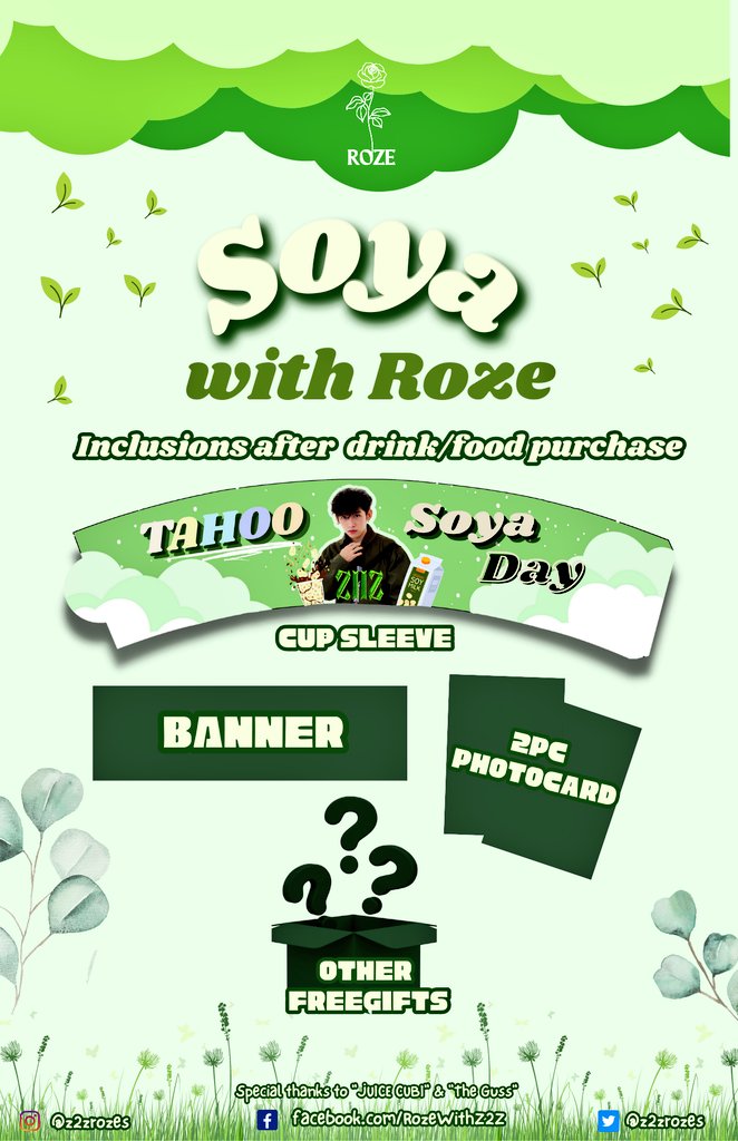 z2zrozes's tweet photo. "Soya with Roze : Happy Soya Day (Z2Z)" 

🗓️ Saturday, June 17, 2023 
📍 Juice Cubi - UE Recto
🕐 2:00 pm to 6:00 pm
👕: Anything Shade of Green
🆓 Registration is free - Onsite (Walk -in)
🧪 ALL ROZE ARE INVITED
#️⃣ Use #Roze_Z2ZSoya &amp; #PPOPGUSS

special thanks to @theguss_org https://t.co/ZFT5WUVO93
