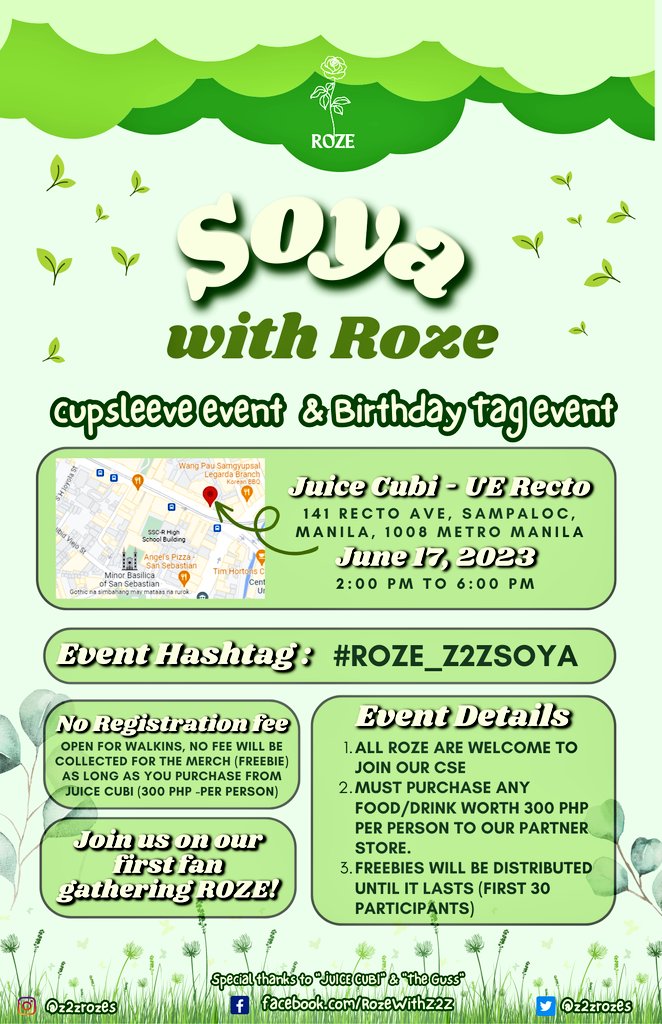 z2zrozes's tweet photo. "Soya with Roze : Happy Soya Day (Z2Z)" 

🗓️ Saturday, June 17, 2023 
📍 Juice Cubi - UE Recto
🕐 2:00 pm to 6:00 pm
👕: Anything Shade of Green
🆓 Registration is free - Onsite (Walk -in)
🧪 ALL ROZE ARE INVITED
#️⃣ Use #Roze_Z2ZSoya &amp; #PPOPGUSS

special thanks to @theguss_org https://t.co/ZFT5WUVO93