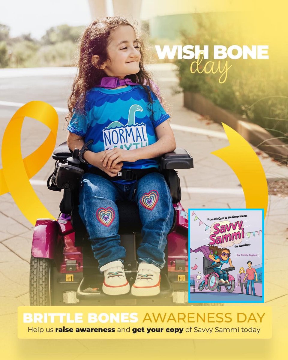 Repost from @WeCant2WeCan Happy Wish Bone Day! This day kicks of OI (Osteogensis Imperfecta) Awarenes week! Wear yellow, buy a copy of “Savvy Sammi” on Amazon a.co/d/96ejhCM & share your “unbreakable spirit!” 
#wishboneday #oi #osteogenesisimperfecta #brittlebones