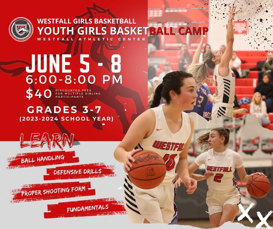 Westfall Girls Basketball (@ladymustangs_1) on Twitter photo Sign up for the Mustangs Girls Basketball Youth Camp! Pre-registration forms are available on our website at 5il.co/1aa0m. Additional copies will also be available WES & WMS.
Contact with any questions: joseph.patete@westfallschools.com Sign up for the Mustangs Girls Basketball Youth Camp! Pre-registration forms are available on our website at 5il.co/1aa0m. Additional copies will also be available WES & WMS.
Contact with any questions: joseph.patete@westfallschools.com