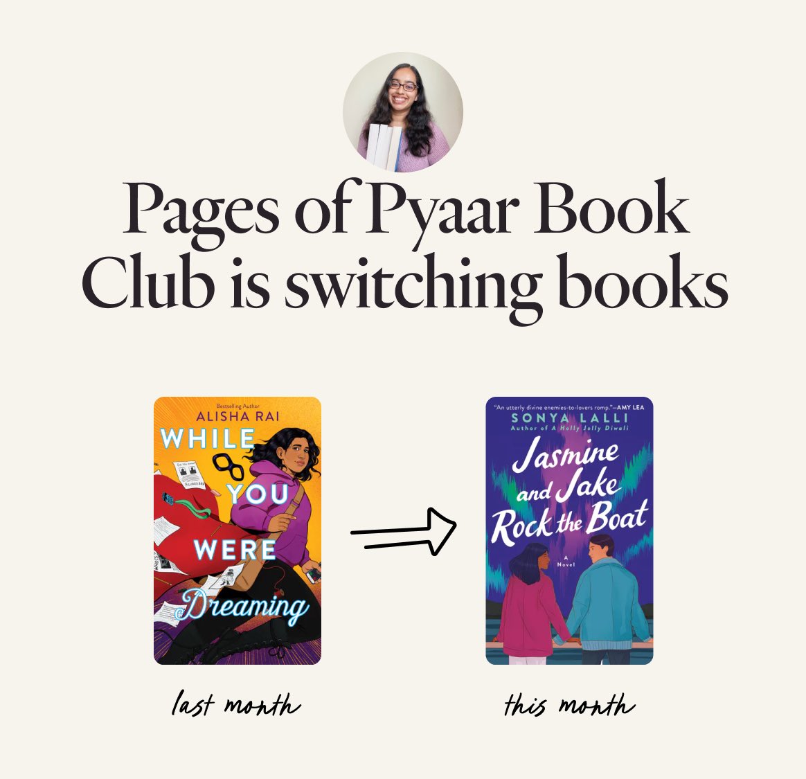 ICYMI: My book club is reading Jasmine and Jake Rock the Boat by @sonya_lalli for the month of May! Join Pages of Pyaar on @GetFable and fall in love with this Punjabi hate-to-lovers romance 🛳️🌌💕 fable.co/club/pages-of-…