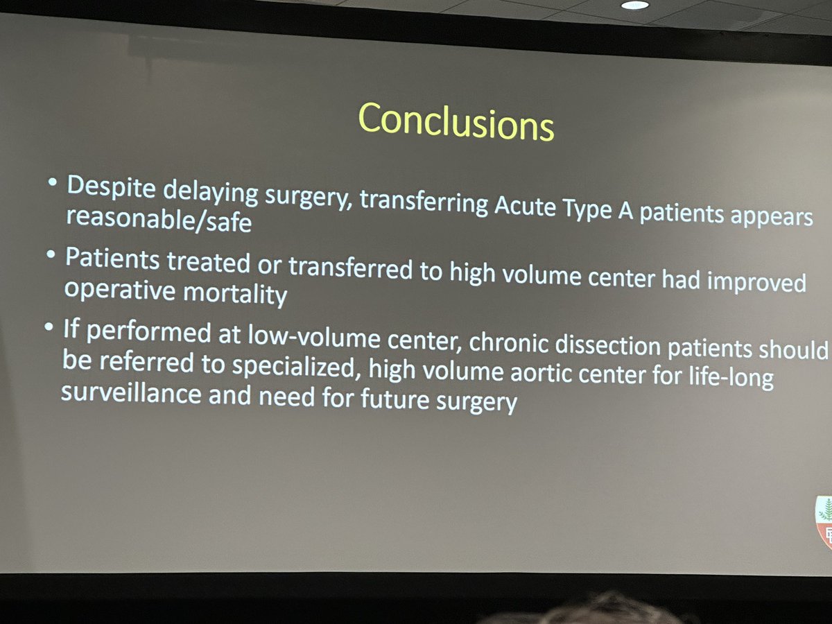 Great first session on Aortic Dissection moderated by @OPreventzaMD and Doug Johnston. Mike Fischbein @StanfordCTSurg wraps up the session with a provocative talk on regionalization of care in acute dissection. #AATS2023