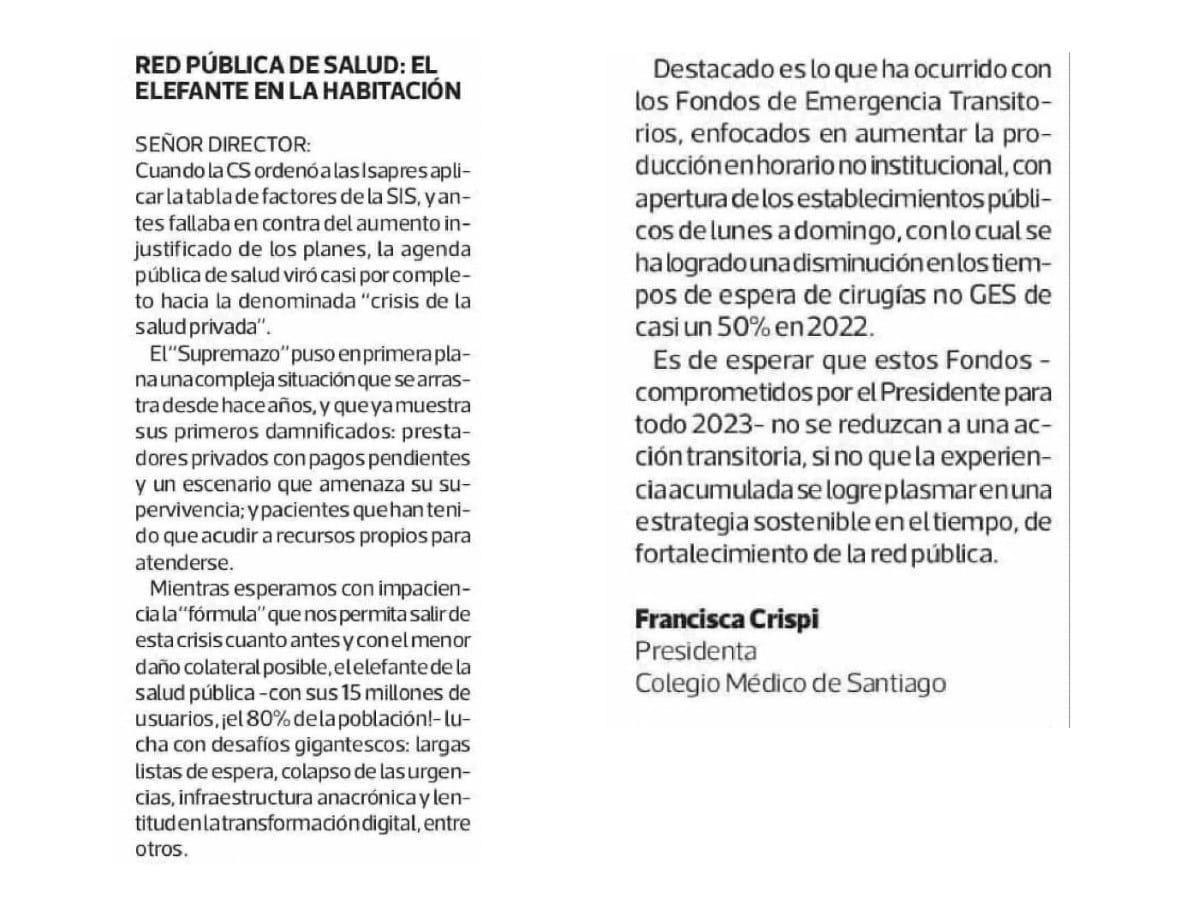 ColMedSantiago's tweet photo. 📷"Red Pública de Salud: El elefante en la habitación". Compartimos Carta al Director de nuestra presidenta, Dra. @Francrispi, publicada hoy en @latercera. https://t.co/TTExDMQvE9