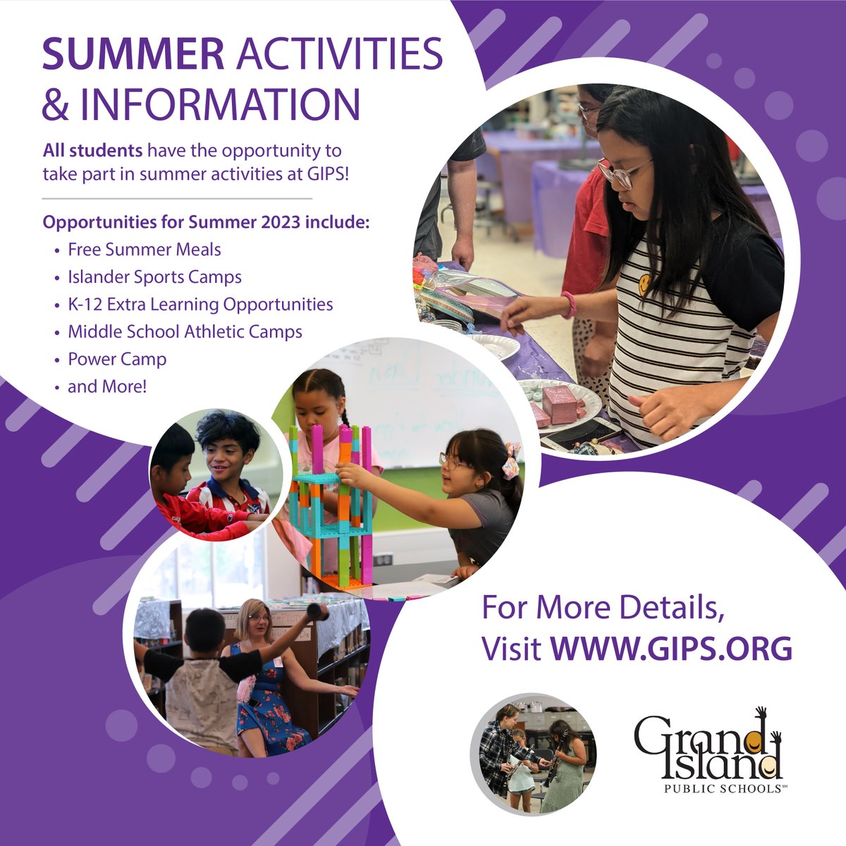 GIPublicSchools's tweet photo. GIPS. Summer. Fun. 

We have exciting activities on the horizon: 

🟣 Fine Arts Camp 
🟣 Islander Athletics 
🟣 Power CAMP 
🟣 And More! 

Catch the full list of 2023 GIPS Summer Fun on the district website. 

🔗 https://t.co/8wPRJQxxTc 

#SummerAtGIPS https://t.co/ToOvIP0sIj