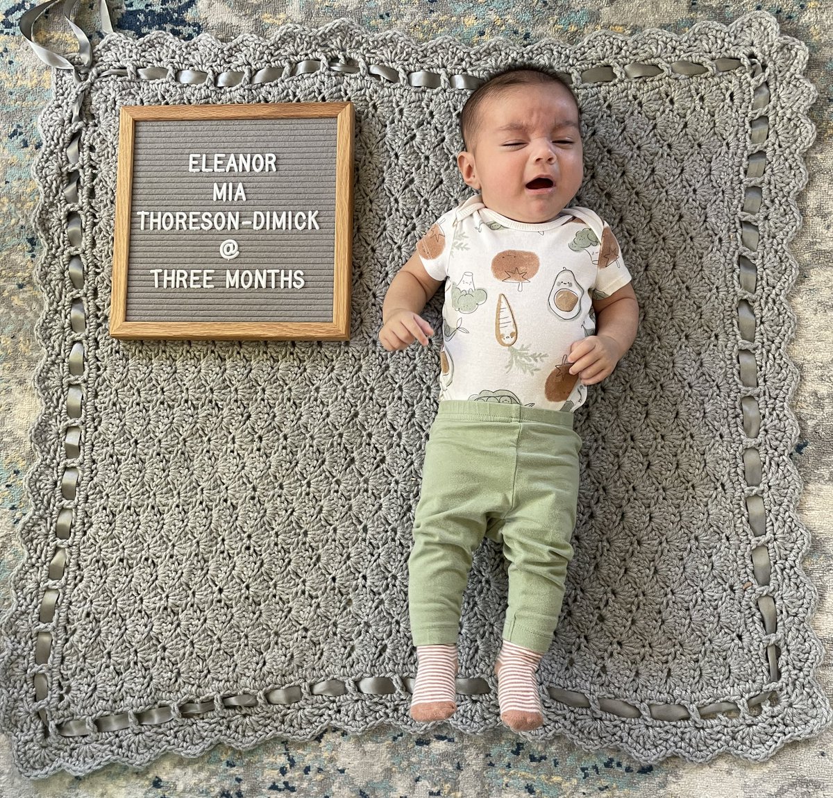 MatthewDimick's tweet photo. Look who turned 3-months old! Ellie’s also learned to suck on her own hand so we are exploring a new world of self-soothing and tiny slimy fists!! https://t.co/e0LhpviLMH