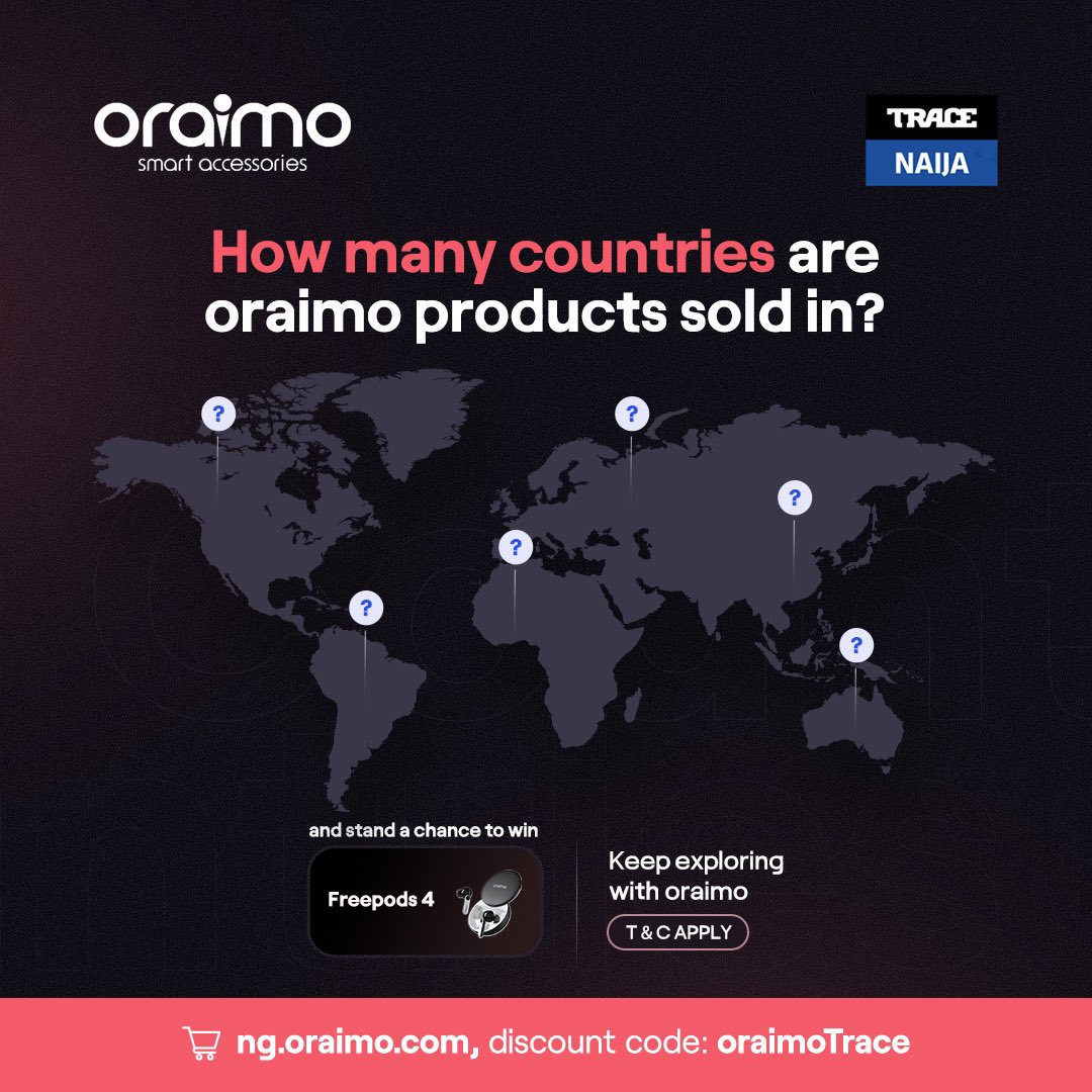 TRACENaija's tweet photo. GIVEAWAY!

Stand a chance of winning a brand new oraimo Freepods 4 by simply stating the right answer to the question.

How many countries are oraimo products sold in? 

The winner will be the 25th answer and must be available to pick up the prize in person. https://t.co/gcobL5CfgC