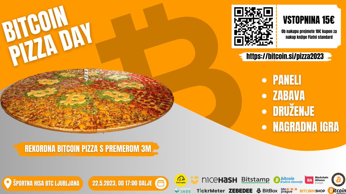 Finally #BitcoinPizzaDay is back at <a href="/BitcoinSlovenia/">Bitcoin Slovenia</a> 🥂🇸🇮🚀🚀🚀🍕🍕at with awesome support from <a href="/NiceHashMining/">NiceHash</a> <a href="/Bitstamp/">Bitstamp by Robinhood</a> @GoCrypto_ <a href="/BAllianceEurope/">Blockchain Alliance Europe</a> @BtcPrague <a href="/zebedeeio/">ZBD</a> <a href="/peachbitcoin/">Peach Bitcoin 🍑</a> <a href="/EuropeanBTC21/">European Bitcoiners ⚡EB21</a> and <a href="/Blockstream/">Blockstream</a> Its gonna be epic bitcoin.si/pizza2023/ #13thBitcoinPizzaDay