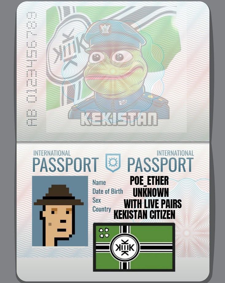 kekistantoken's tweet photo. @Poe_Ether HOW CAN POE NOT BE A KEKISTANI??

HERE'S YOUR VERY OWN KEKISTANI PASSPORT. WELCOME TO KEKISTAN POE!! https://t.co/OTdmRG2qze