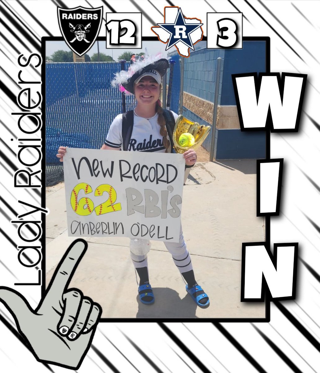 Lady Raiders win AREA beating El Paso Riverside 11-2 in Game 1 and 12-3 in Game 2!  Shout-out to Sr. Anberlin O'Dell on her home run today while also breaking the Randall single season RBI record! She broke the record with her 62nd RBI and currently stands at 64 for this season!