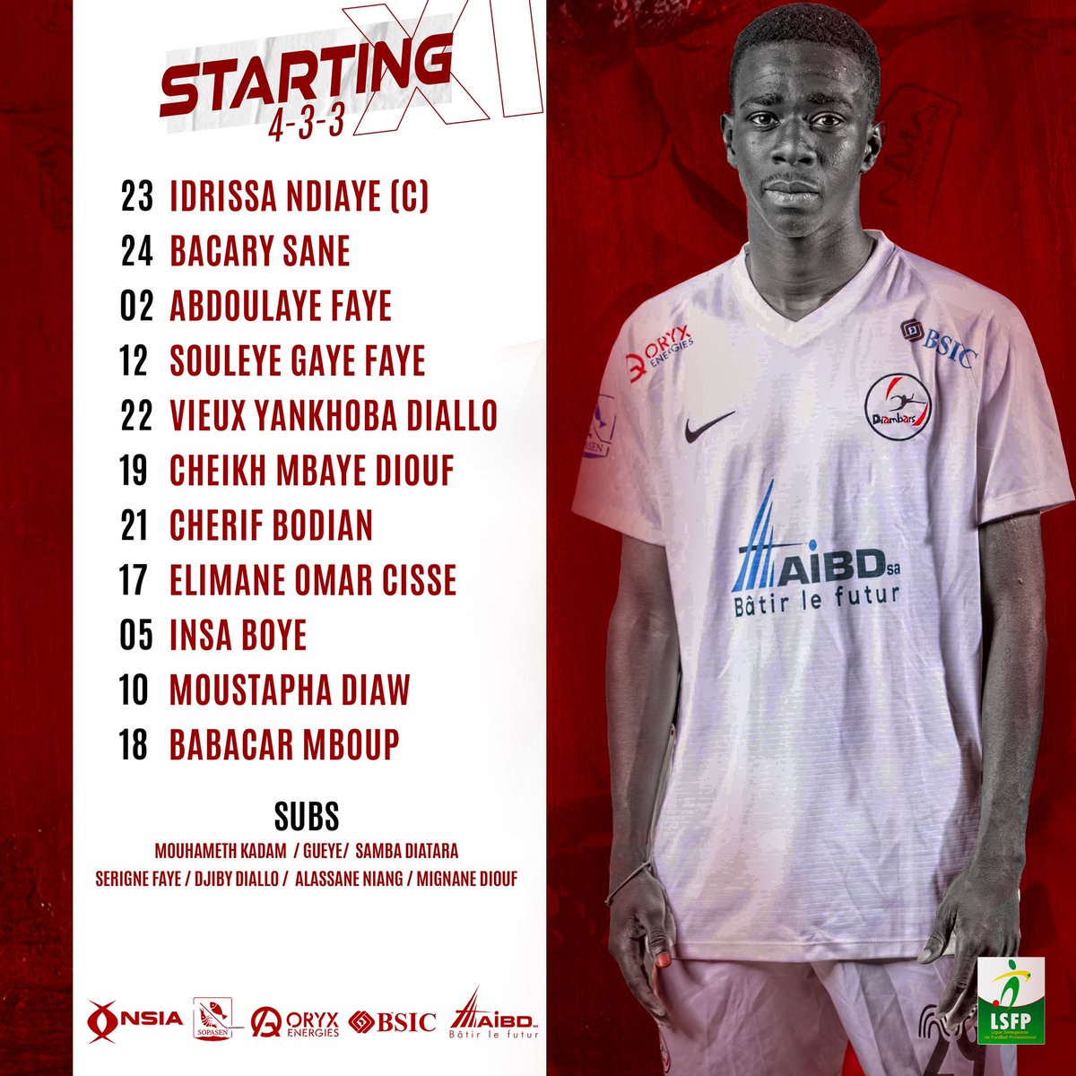 diambars_fc's tweet image. 0’ | Le onze !!!

Diambars FC - Stade de Mbour. 

#DFCSDM #FootLocalSN #Ligue1SN @LSFP_sn #DiambarsWeAre 🔴⚫️