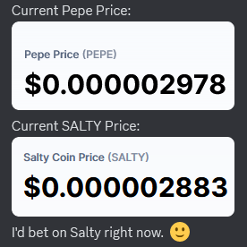 $PEPE or $SALTY?  Which one do you like?

Salty, founded by Keungz Genesis holders, I'm going with the Krew <a href="/SaltyCashhh/">$Salty</a>  ❤️  #GotSalty