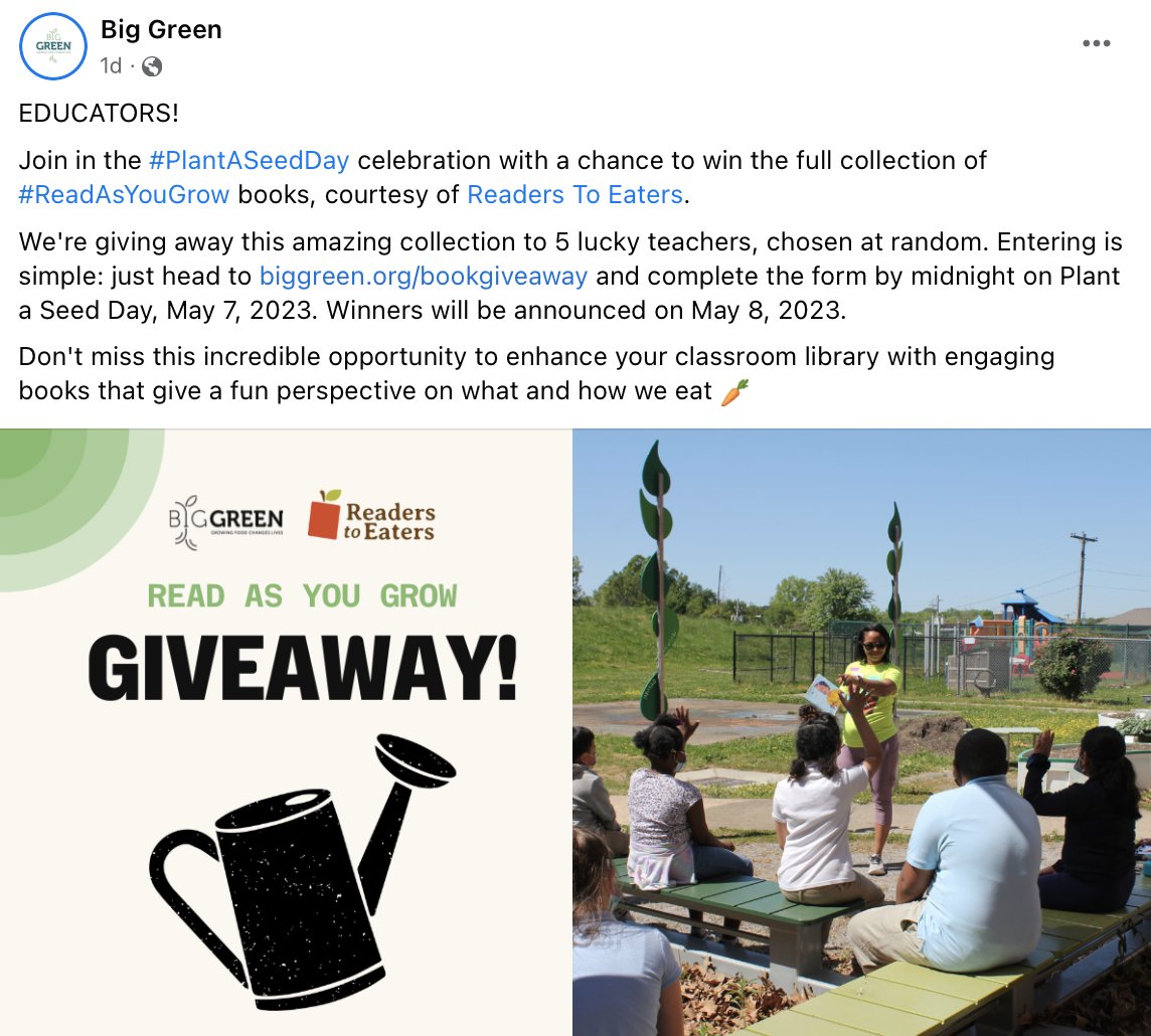 ReadersToEaters's tweet photo. #PlantASeedDay is Sun, 5/7! So excitd about this promotion w @biggreen, giving away R2E's #ReadAsYouGrow bks. Enter+bk resource @ https://t.co/QqQJ1YLfhw #PlanASeed #SchoolGarden #GardenEducation #FarmToSchool #AgClassroom #AgLiteracy #AITC @FarmtoSchool @AITCtweets @JMGKids https://t.co/eHGJxU1r2h